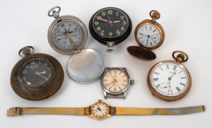 Assorted antique and vintage pocket watches, compass and wristwatches, mixed vintages, (7 items).