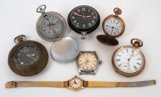Assorted antique and vintage pocket watches, compass and wristwatches, mixed vintages, (7 items).