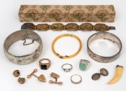 Antique 9ct gold cufflinks, 9ct gold signet ring, 9ct gold and diamond ring, silver rings, Chinese gilt silver bracelet, silver bangles, gold plated bangles, an antique silver mounted tooth pendant etc., 19th and 20th century, (qty).
