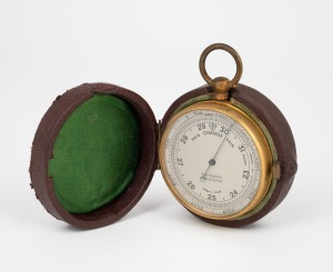 An antique pocket barometer in original fitted leather case, retailed by "N. H. Seaward, Melbourne", 19th century, ​​​​​​​7cm high overall.
