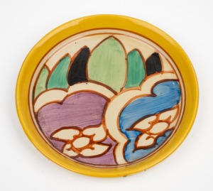 CLARICE CLIFF English Art Deco porcelain pin try, black factory mark to base "Bizarre by Clarice Cliff, Newport Pottery, England, Hand Painted", 10cm diameter.