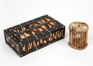 An Anglo-Indian ebony and porcupine box with bone inlay; together with an antique bone cricket cage, 19th/20th century, (2 items), ​​​​​​​the box 16.5cm wide.