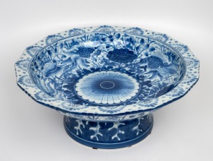 A Japanese Arita blue and white porcelain comport, 20th century, 17cm high, 42cm wide.