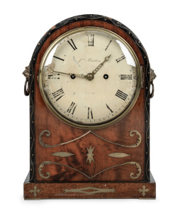 An antique English mahogany arch top spring table clock with ebony banding and brass inlay, convex painted dial with Roman numerals, minute track and cast brass bezel. Signed "Jms. Martin, Bath". Eight day two train fusee movement striking the hours on a bell, circa 1840. 39cm high.
