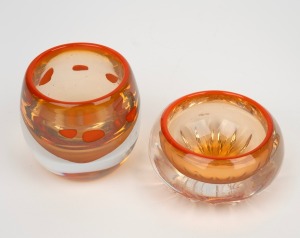 EVA ENGLUND Swedish art glass vase and bowl with orange highlights, for ORREFORS, circa 1990, (2 items), engraved signature to base "Eva Englund, O.F.", 7cm and 4.5cm high.