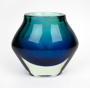 A Bohemian heavy blue and green sommerso art glass vase, circa 1960s, 23cm high, 24cm wide.