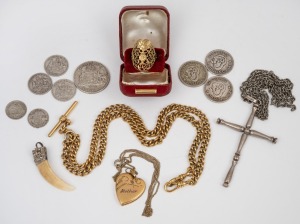 Silver cross and chain, gold plated locket, fob chain and ring, silver mounted boar tusk pendant and assorted Australian pre-decimal coinage including shillings, florin, sixpences and threepences, (qty).