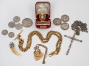 Silver cross and chain, gold plated locket, fob chain and ring, silver mounted boar tusk pendant and assorted Australian pre-decimal coinage including shillings, florin, sixpences and threepences, (qty).