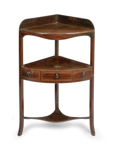 A Georgian mahogany corner washstand with gallery back and string inlay decoration, early 19th century, 87cm high, 56cm wide, 38cm deep.