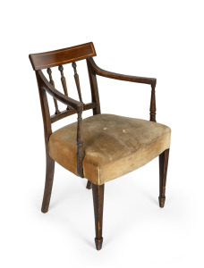 A Georgian mahogany spade back carver chair with boxwood inlay and reeded decoration, 18th/19th century, 55cm across the arms.