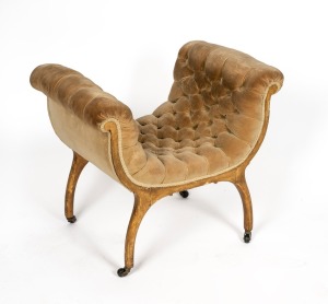 An antique French giltwood boudoir vanity stool with button oyster velvet upholstery, 19th century, 55cm high, 64cm wide, 44cm deep.