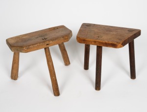 Two antique elm and fruitwood milking stools, 18th/19th century, 31cm high.