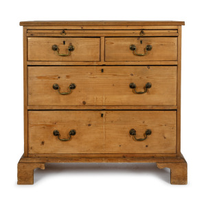 An antique provincial pine four drawer bachelor's chest with brushing slide, 19th century, with brass maker's plaque "THE BRIDGEWATER HOUSE FURNISHERS, CATTLE MARKET, BRIDGEWATER FURNISHING Co. Ltd", 87cm high, 89cm wide, 44cm deep.