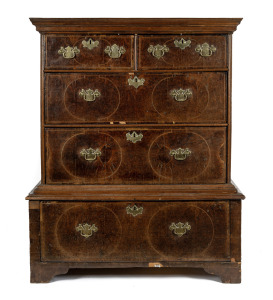 An antique English provincial five drawer chest, handsomely crafted in birdseye yew with pine secondary timbers, late 17th century. Note: Most likely converted from a chest on chest at some stage in the 19th or 20th century. 148cm high, 107cm wide, 63cm d