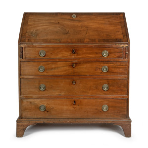 A Georgian mahogany fall front bureau chest of drawers, with cock-beading and cross-banded decoration, 18th/19th century, 109cm high, 97cm wide, 54cm deep.
