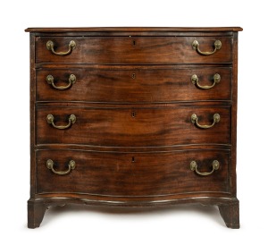 A fine quality antique George III mahogany serpentine front graduated chest of four drawers with cock-beaded decoration, Chippendale style escutcheons, each drawer fitted with unusual military style lock-in bail handles, the cantered corners inlaid with t