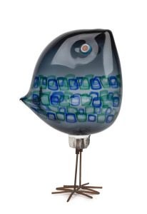 ALESSANDRO PIANON (1931-1964) rare "Pulcino" baby bird in dark blue glass with heart shaped body, three bands of blue and green square shaped murrines, with millefiori eyes and copper wire leg stands, made for VISTOSI, circa 1960. 25cm high.