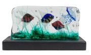 ALFREDO BARBINI (1912-2007) large aquarium glass fish block with three fish and a jellyfish, made from three layered slab of clear glass and housed on bespoke illuminating base, for VETRERIA ALFREDO BARBINI, circa 1950, (A/F), 17cm high, 35cm long, 6cm de - 2