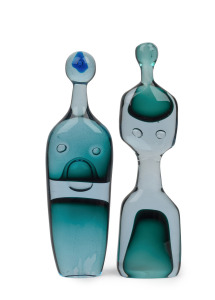 ANTONIO DA ROS (1936-2012), two stylised male and female Murano glass statues with blue and green sommerso bubble inclusions, for VETRERIA CENEDESE, circa 1960, 33.5cm and 32cm high.