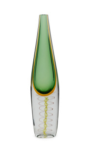 LUCIANO GASPARI (1913-2007) "Pinnacolo" Murano glass vase of teardrop form with green sommerso and double coloured twist decoration, for SALVIATI, circa 1960, bearing remains of paper label and additional Sotheby's label, 43cm high.