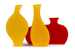 VILLEROY & BOCH set of three vintage plexiglass lucite vases in red, white and yellow, the largest 24cm high.