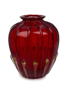 VITTORIO ZECCHIN (1878-1947) red Murano Soffiato ribbed glass vase with gold foil inclusions, Model No. 5701, for S.M. VENINI CAPPELLIN & Co., circa 1926, 30cm high. - 2