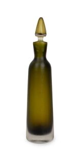 PAOLO VENINI (1895-1959) "Inciso" olive green sommerso glass bottle with stopper, Model No. 4586, for VETRERIA VENINI, circa 1956, acid etched three line signature to base "Venini, Murano, Italia", 36cm high.