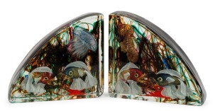 ALFREDO BARBINI (1912-2007) impressive pair of aquarium glass fish block bookends, richly decorated with four fish, seaweed, jellyfish and seahorse, made by the famous glass maestro FABIO TOSI for CENEDESE, circa 1953, each piece 15.5cm high, 17.5cm wide, 7cm deep.