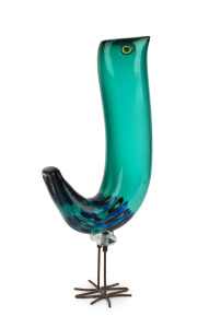 ALESSANDRO PIANON (1931-1964) "Pulcino" J shaped green glass baby bird, decorated with murrines in three bands around the base with multicoloured millefiori eyes on copper wire leg stands, made for VISTOSI, circa 1960, 31cm high.
