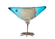 ALESSANDRO PIANON (1931-1964) "Pulcino" baby bird of triangular shape in blue and clear glass with twelve red cane spiral stripes, millefiori eyes and copper wire leg stands, made for VISTOSI, circa 1960, ​​​​​​​17cm high, 22cm long.