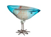 ALESSANDRO PIANON (1931-1964) "Pulcino" baby bird of triangular shape in blue and clear glass with twelve red cane spiral stripes, millefiori eyes and copper wire leg stands, made for VISTOSI, circa 1960, ​​​​​​​17cm high, 22cm long. - 2