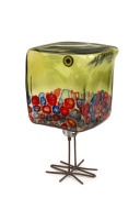 ALESSANDRO PIANON (1931-1964) "Pulcino" baby bird in cube form in green/gray glass decorated with blue and red murrines with millefiori eyes and copper wire leg stands, made for VISTOSI, circa 1960, 21.5cm high. - 3
