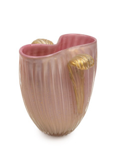 ARCHIMEDE SEGUSO (1909-1999) pink opaline Murano glass vase with two handles and gold foil inclusions, for VETRERIA ARCHIMEDE SEGUSO, circa 1949, bearing original foil label "Made in Murano, Italy", 28cm high, 27cm wide.
