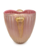 ARCHIMEDE SEGUSO (1909-1999) pink opaline Murano glass vase with two handles and gold foil inclusions, for VETRERIA ARCHIMEDE SEGUSO, circa 1949, bearing original foil label "Made in Murano, Italy", 28cm high, 27cm wide. - 2