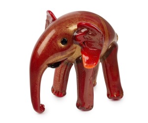 ERCOLE BAROVIER (1889-1974) coral red Murano glass elephant statue with gold foil inclusions, for VETRERIA ARTISTICA BAROVIER & Co., circa 1933, 16cm high, 19cm wide.