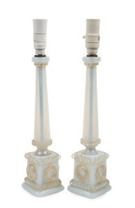ERCOLE BAROVIER (1889-1974) rare pair of opaline Murano glass table lamps with gold foil inclusions, for BAROVIER & TOSO, circa 1940s, bearing Australian retailer's label "Salon of Distinction, Lighting Specialists Melbourne & Camberwell", 45cm high overa