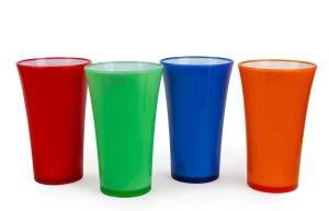 A set of four vintage perspex vases in orange, red, green and blue, 20th century, 26cm high.