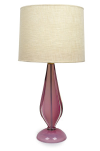 An Italian Murano pink vaseline glass table lamp with later shade, circa 1960, 79cm high overall.
