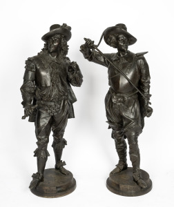 A pair of vintage patinated spelter statues titled "DON JUAN" and "DON CESAR", A/F, 20th century, ​​​​​​​91cm high.