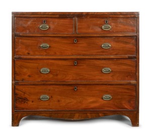 An antique English mahogany bachelor's chest of five drawers, with ebony string inlay and cock-beading, early 19th century, 82cm high, 90cm wide, 45cm deep.