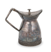 MICHAEL ROBERT BENSTEAD fine sterling silver modernist lidded jug with insulated handle and applied decoration, hallmarked London, 1975, 21cm high, 962 grams.