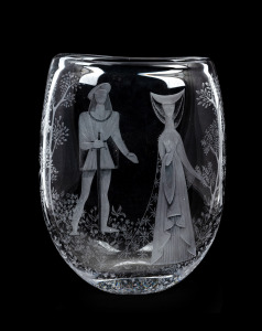 VICKE LINDSTRAND (1904-1983) "Romeo and Juliet" intaglio wheel-cut Swedish art glass vase, for KOSTA, circa 1950's, engraved "VICKE LINDSTRAND, KOSTA, LG 357", 32cm high, 24cm wide.