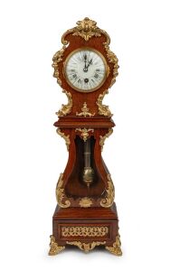 An attractive antique French miniature longcase timepiece in mahogany case with Rococo ormolu mounts, segmented enamel dial with Roman numerals, minute track and eight day spring driven movement, circa 1890. 49cm high.