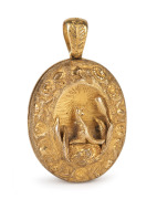 An antique Colonial Australian 18ct gold locket adorned with kangaroo in landscape and emu on the reverse, most likely Sydney origin, mid 19th century, 3.5cm high, 13.2 grams total (including internal glass) - 2