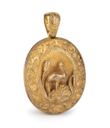 An antique Colonial Australian 18ct gold locket adorned with kangaroo in landscape and emu on the reverse, most likely Sydney origin, mid 19th century, 3.5cm high, 13.2 grams total (including internal glass) - 3
