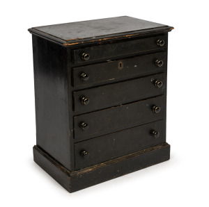 An antique Australian ebonised cedar and kauri pine five drawer miniature chest, 19th century, 60cm high, 50cm wide, 32cm deep.