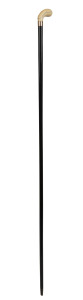 An antique walking stick with carved ivory handle, 9ct gold collar, ebony shaft and brass ferrule, 19th century, 92cm high overall.