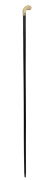 An antique walking stick with carved ivory handle, 9ct gold collar, ebony shaft and brass ferrule, 19th century, 92cm high overall.