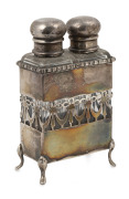 An antique sterling silver two bottle perfume set housed in original plush fitted box, 19th/20th century, ​​​​​​​the box 13cm high. - 2