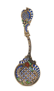 A stunning antique gilded silver and enamel sifting spoon, finely crafted in the Rococo manner, most likely Russian, 19th century, ​​​​​​​11.5cm long, 25 grams.
